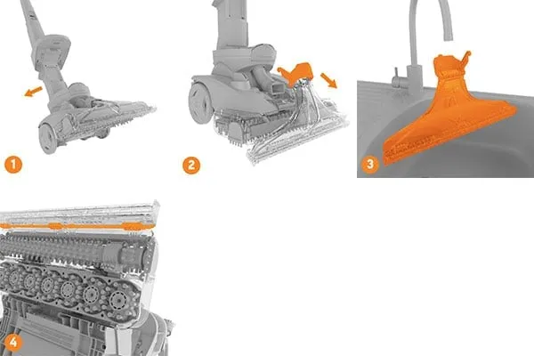 Graphic showing how to remove and clean the Vax Platinum Power Max carpet cleaner's nozzle