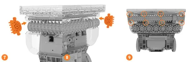 Graphic showing a step-by-step guide to removing and cleaning the Vax Platinum Power Max's brushbar