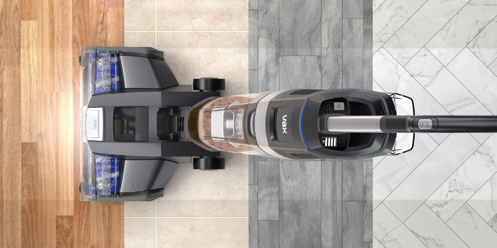 Top-level view of a Vax vacuum cleaner cleaning a range of floor finishes