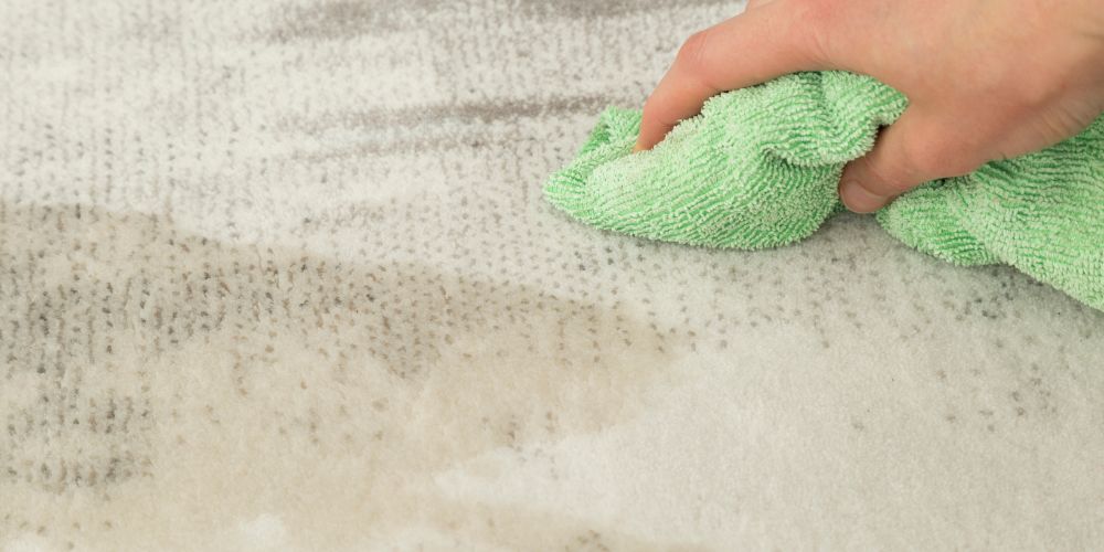 Dabbing gently at a coffee stain on a carpet with a green microfibre cloth